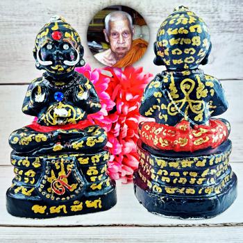 Wealth Clay Guman Statue Diamond Eye Lp Yam Nayak Be2549 Black Thai Amulet 17518